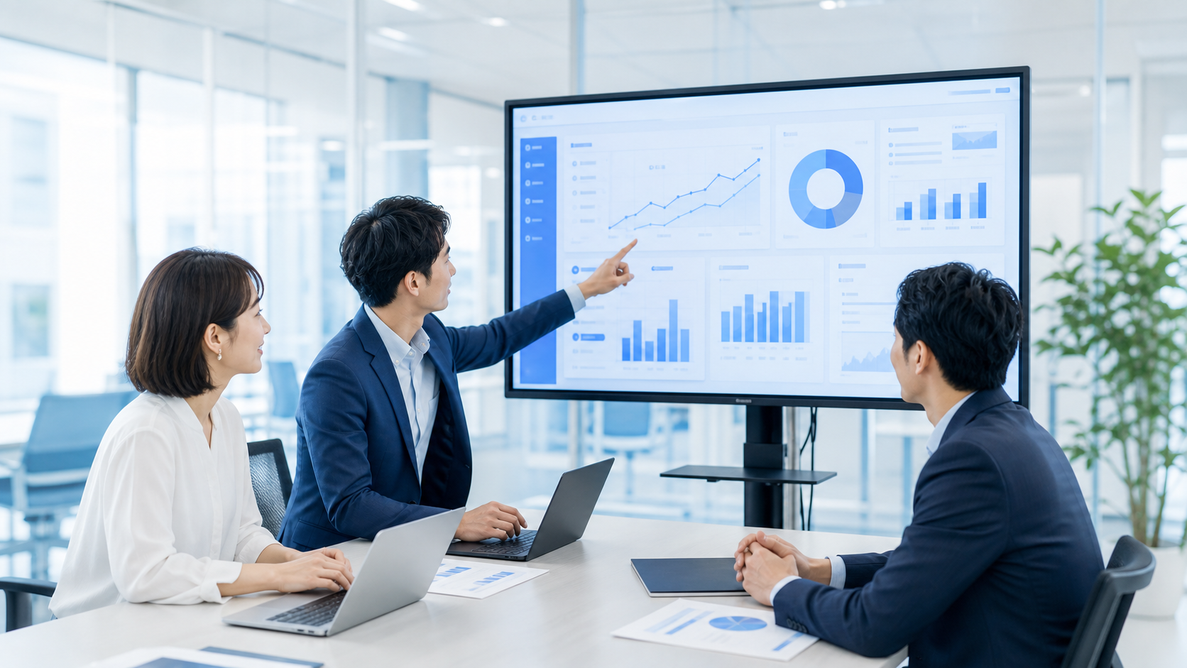 クライアント支援の現場で分析ダッシュボードを見ながら打ち合わせする様子