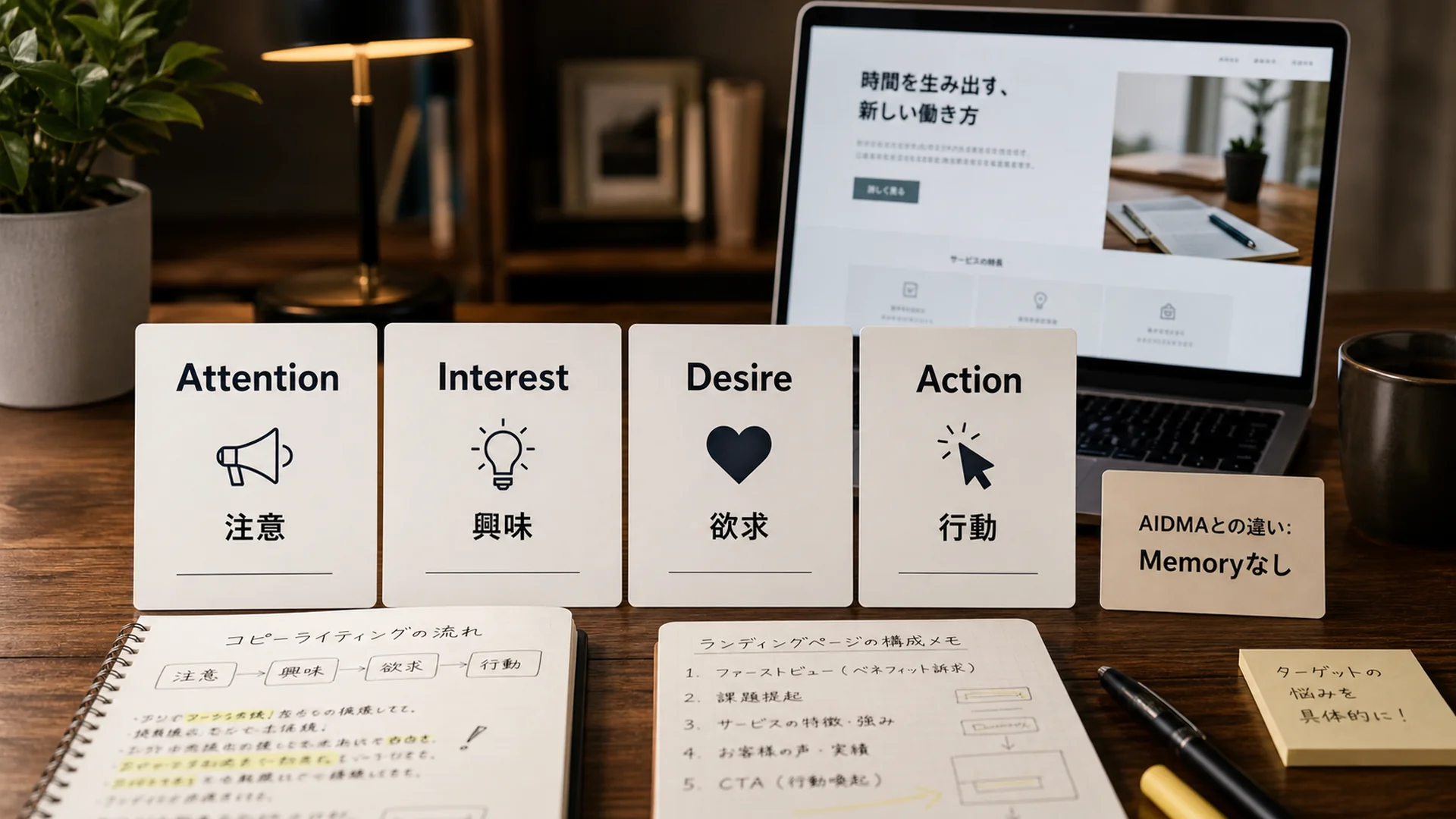 AIDAの4段階とAIDMAとの違いを示したコピーライティング資料