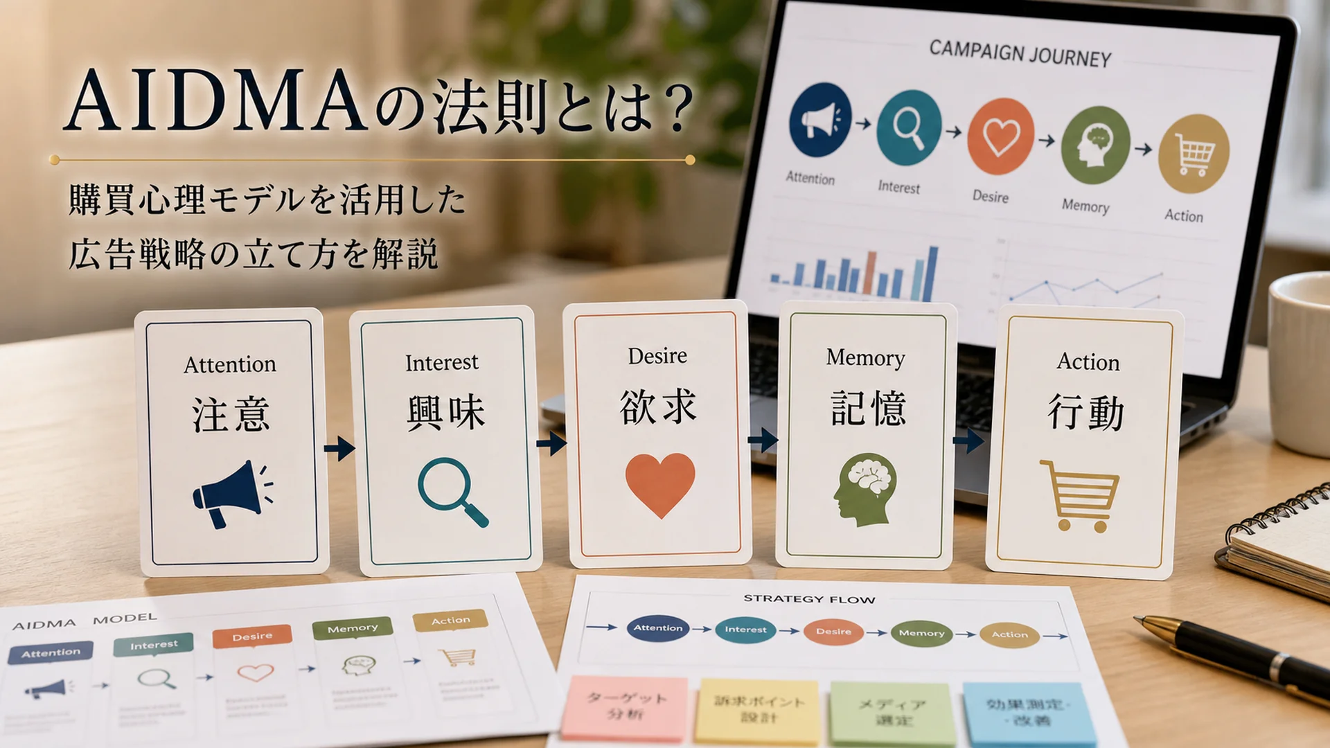 AIDMAの5段階をカードで並べた広告戦略のデスク