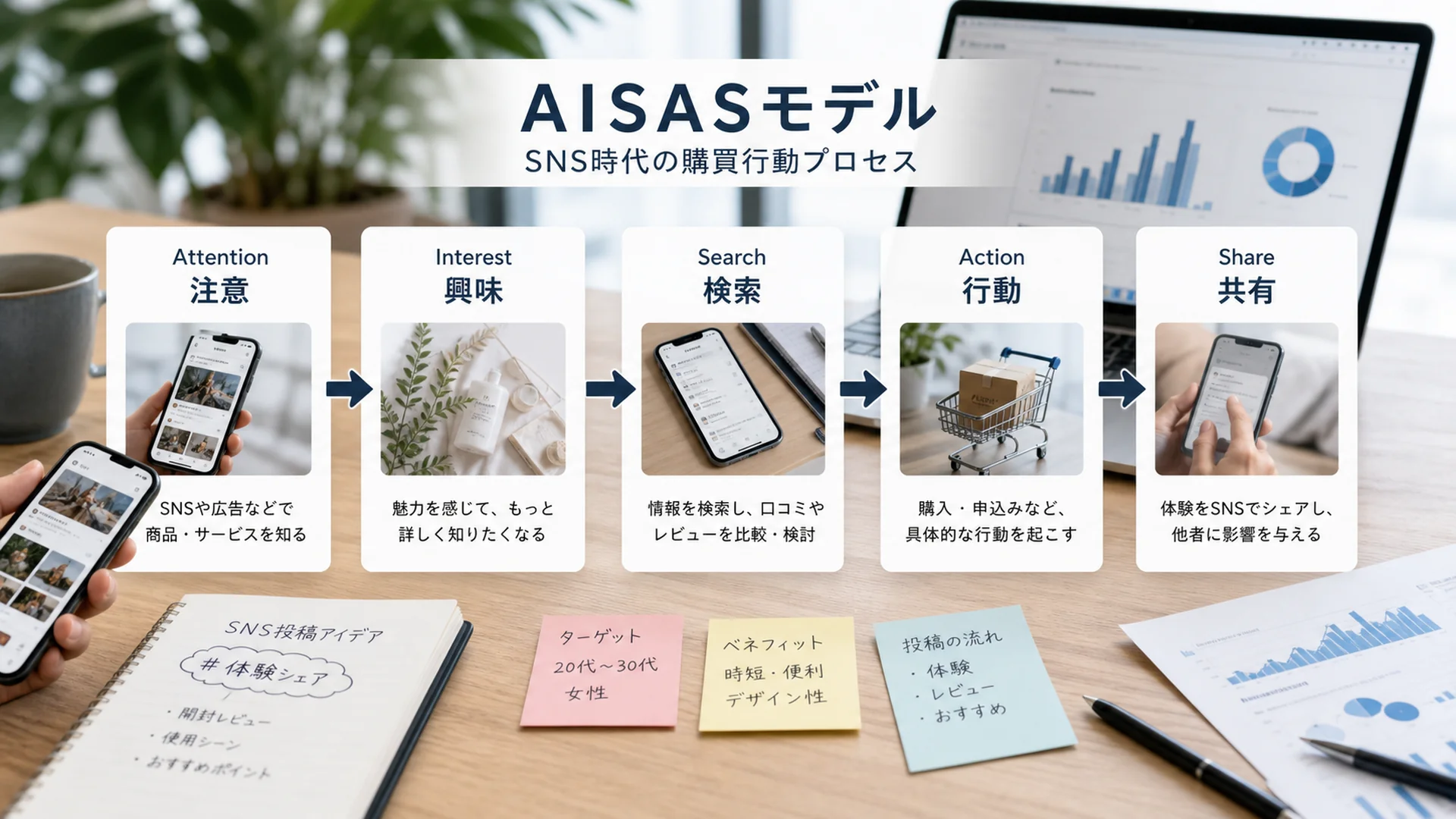 AISASモデルの5段階をSNS時代の購買行動として並べた資料