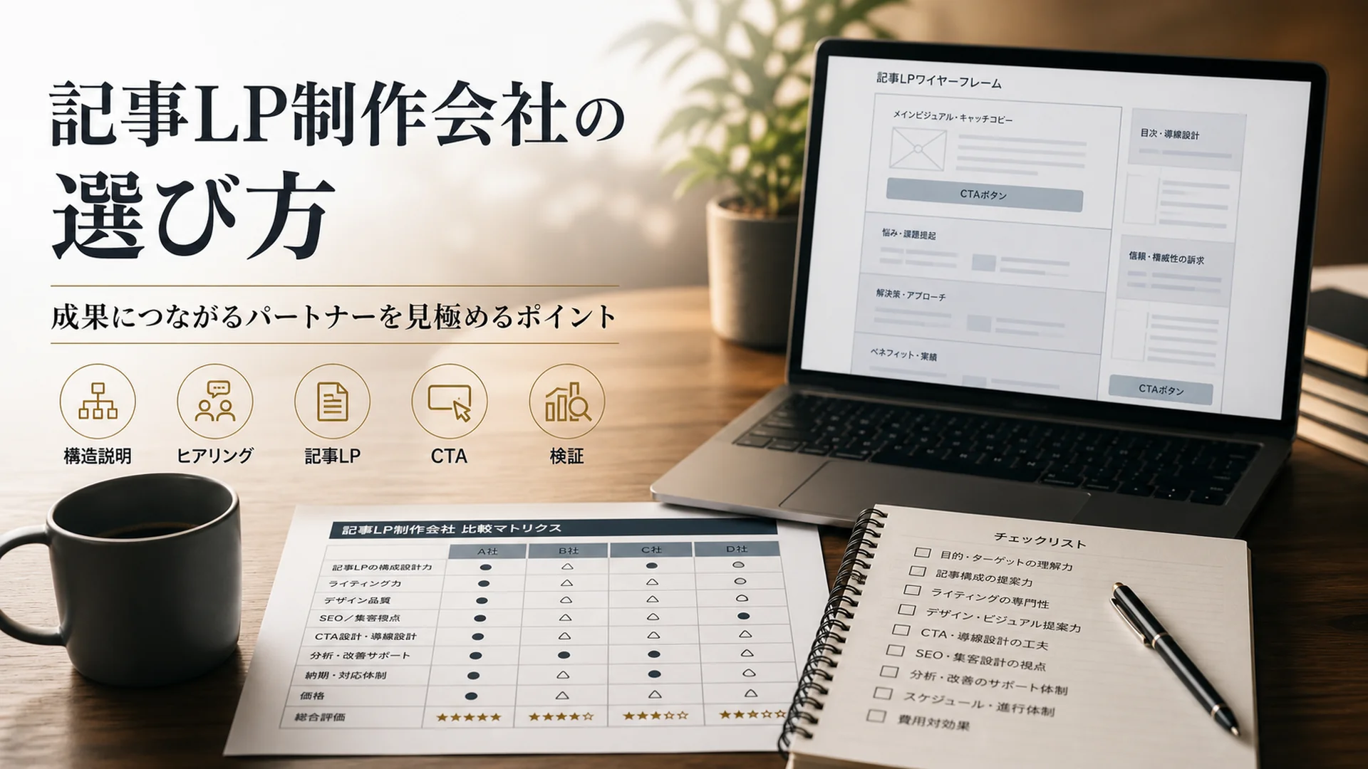 記事LP制作会社の比較表と構造設計チェックリストを広げたデスク