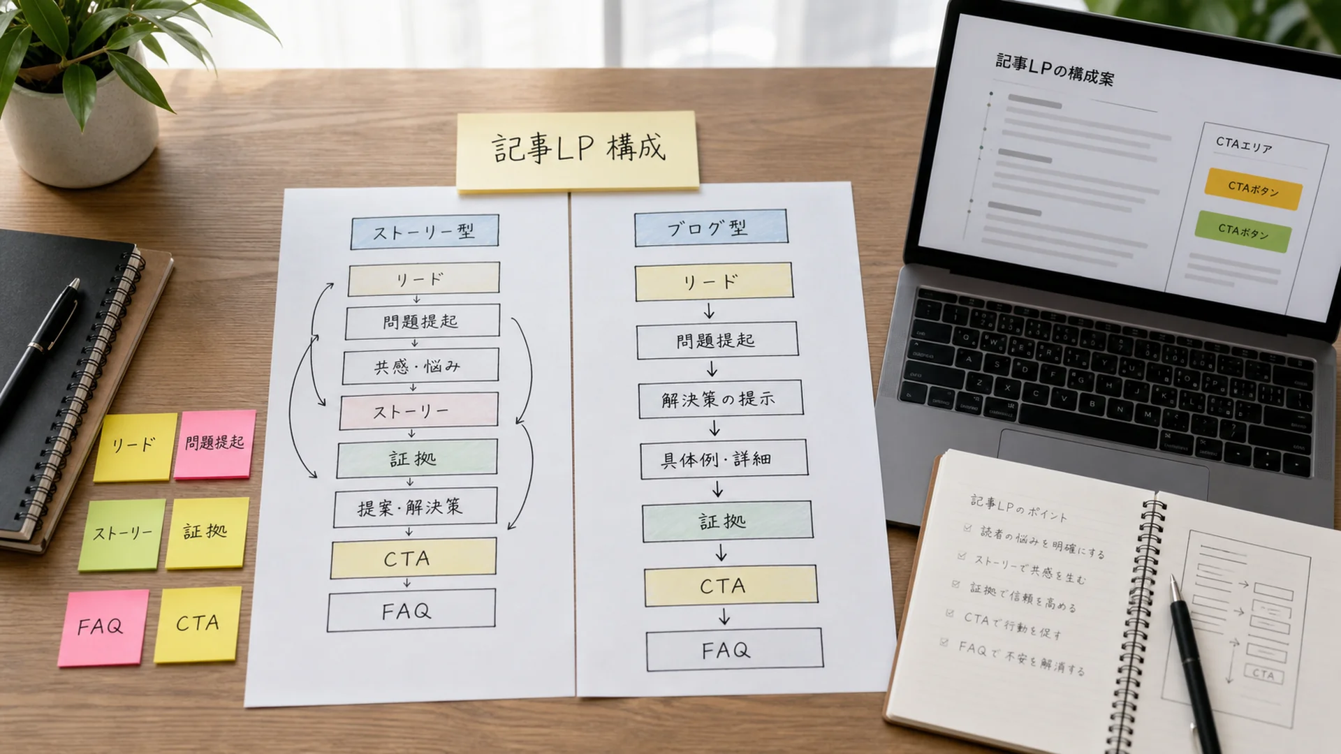 記事LPの構成テンプレートとしてストーリー型とブログ型の流れを並べた資料