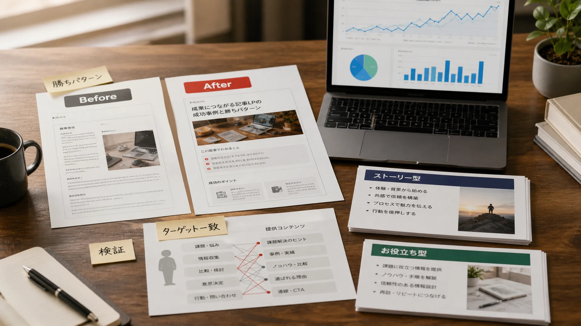 記事LPのBefore After資料とターゲット一致マップを並べたデスク