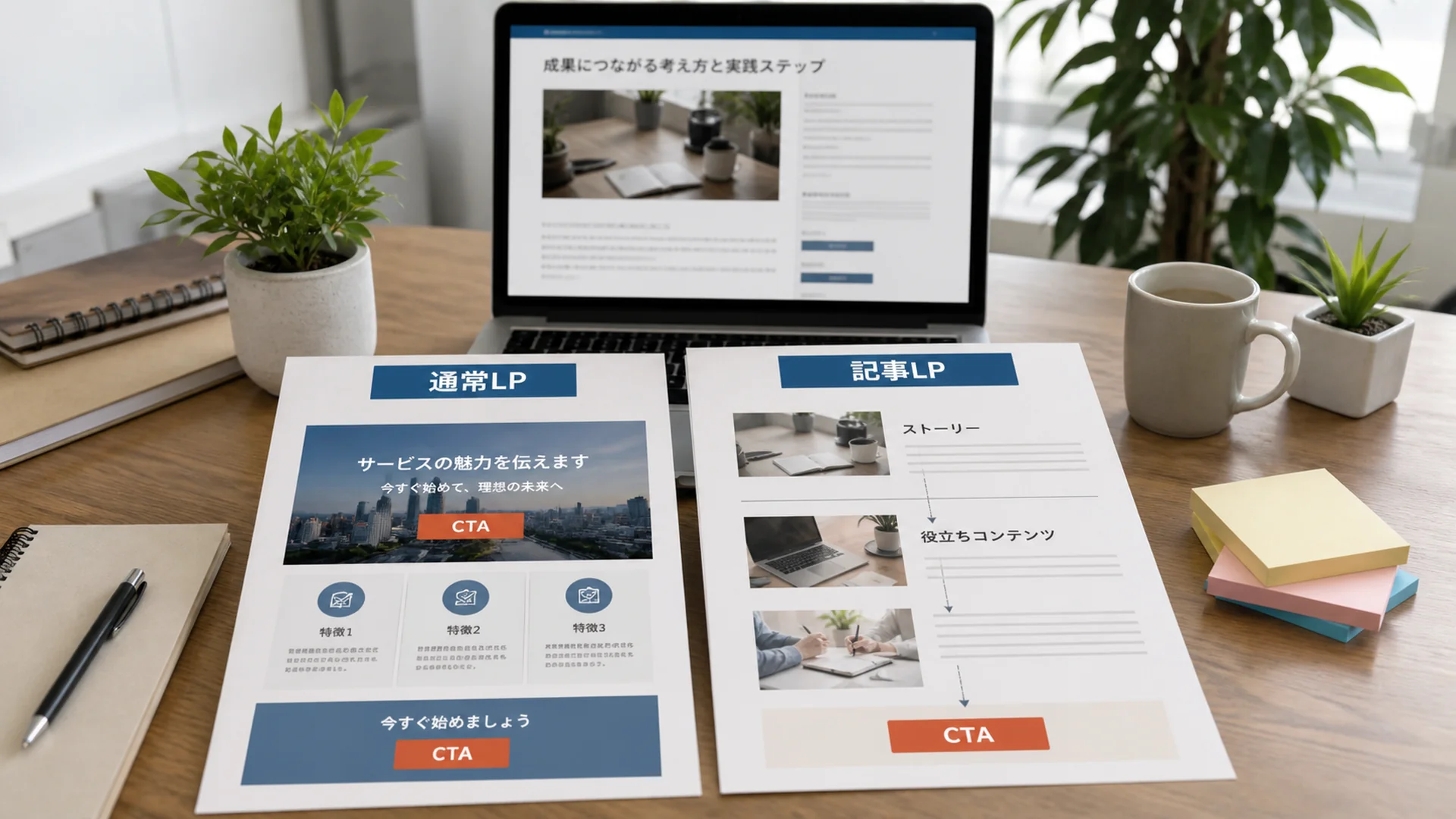 通常LPと記事LPの違いを比較した資料と記事型ページの画面