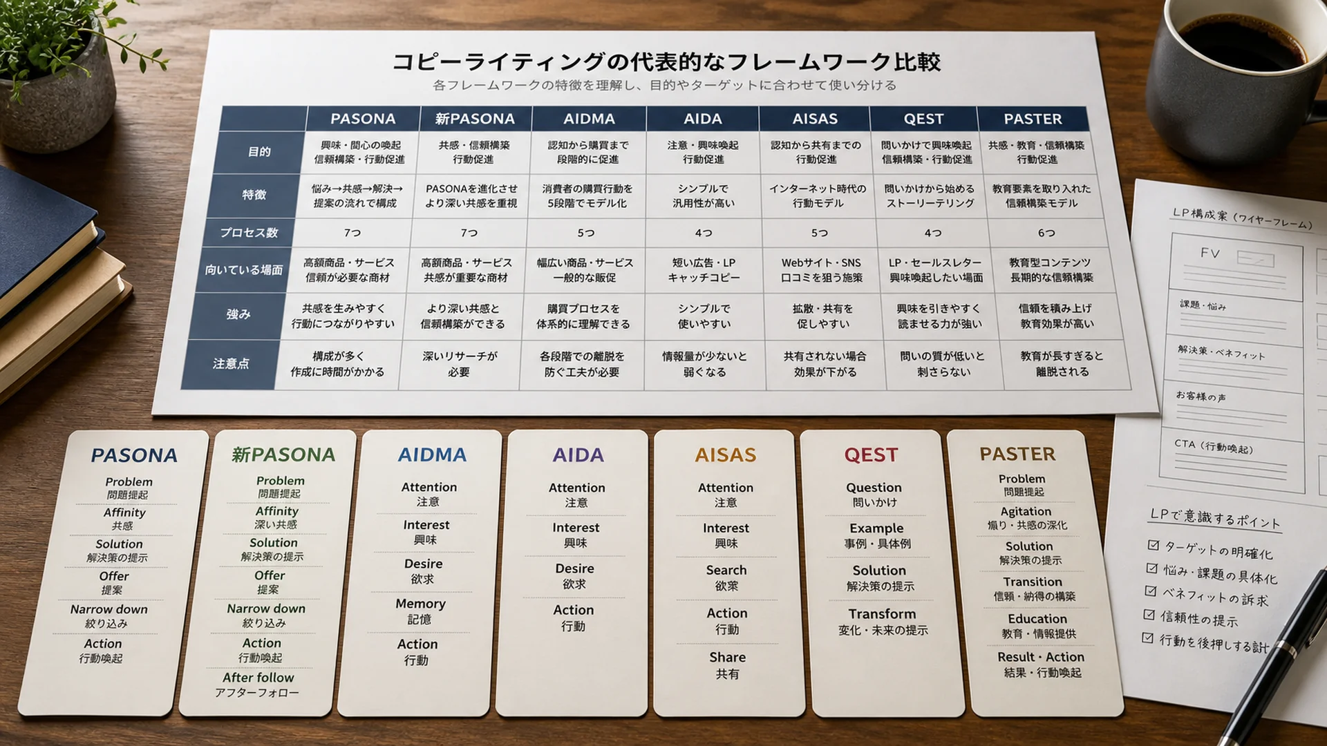 PASONAやAIDMAなどコピーライティングの法則を比較したカードと表