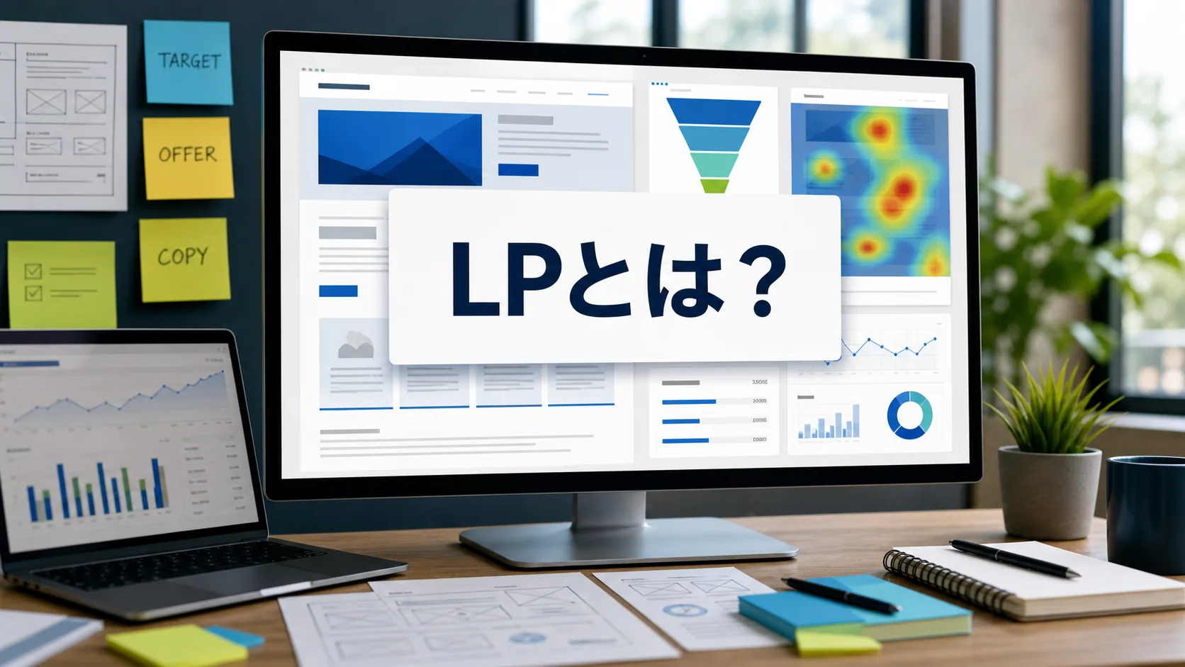 LPの設計順序を示すファネルと改善サイクルの図解