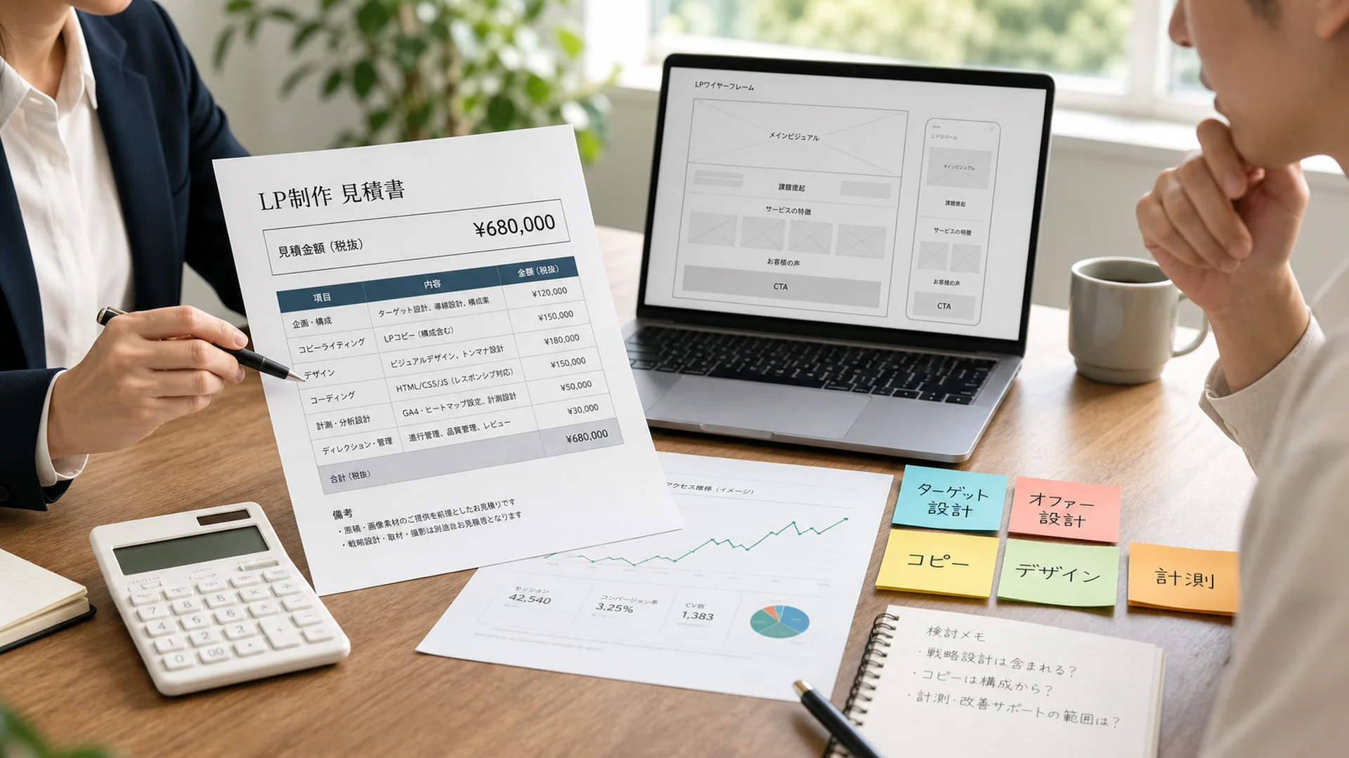 LP制作の見積書、ワイヤーフレーム、計測資料を見ながら費用内訳を確認している打ち合わせ風景