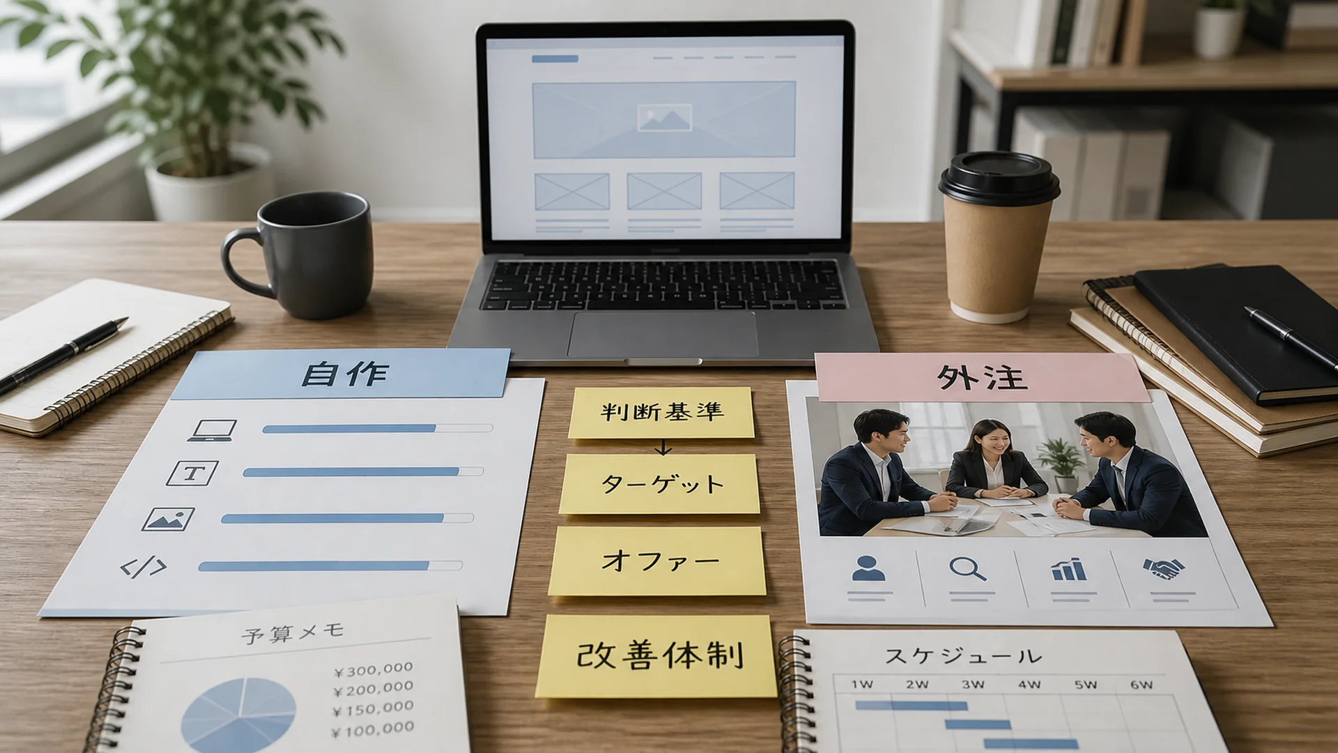 LPを自作するか外注するかの判断基準を整理した資料とワイヤーフレーム