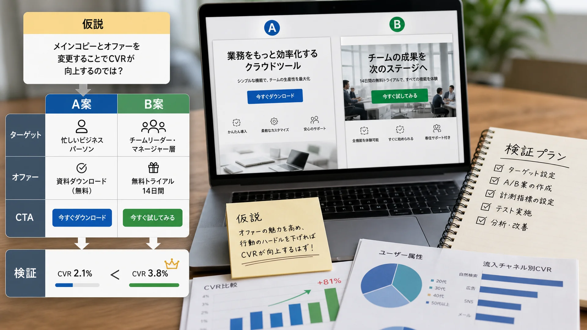 LPのA案B案、仮説、ターゲット、オファーを比較するABテスト資料