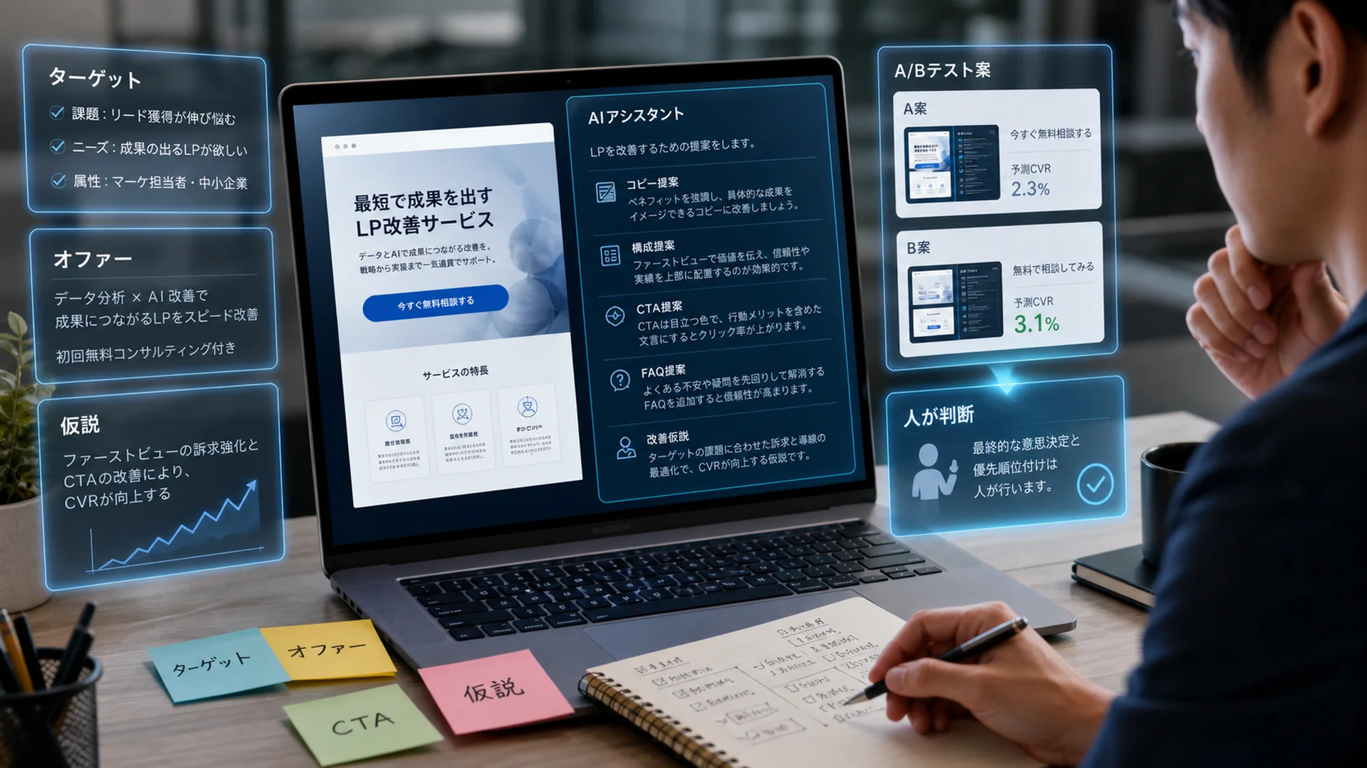 AIを使ってLPのコピー、構成、オファー、改善仮説を整理する資料
