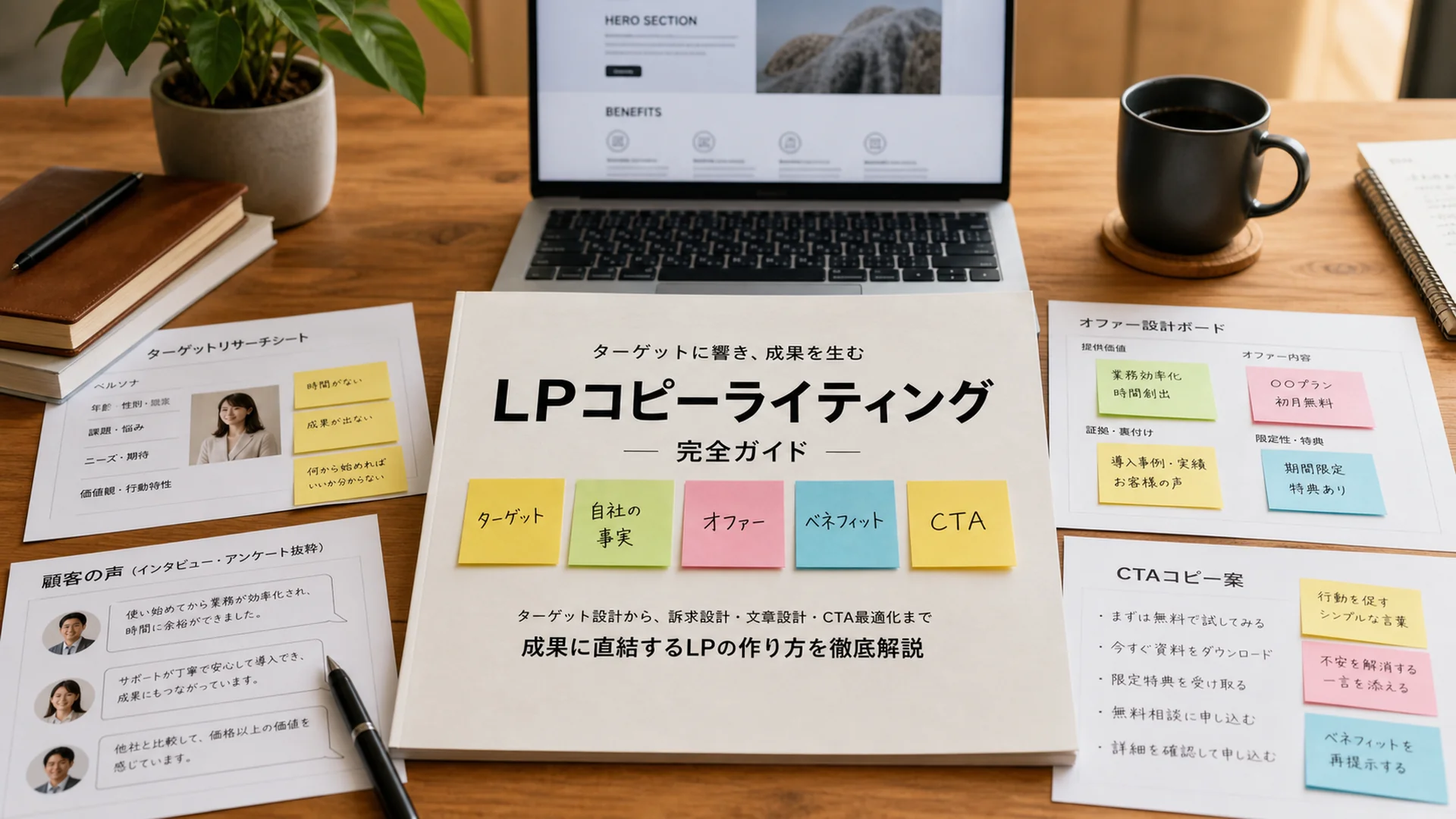 LPコピーライティング完全ガイドの資料とターゲット・自社の事実・オファーの付箋