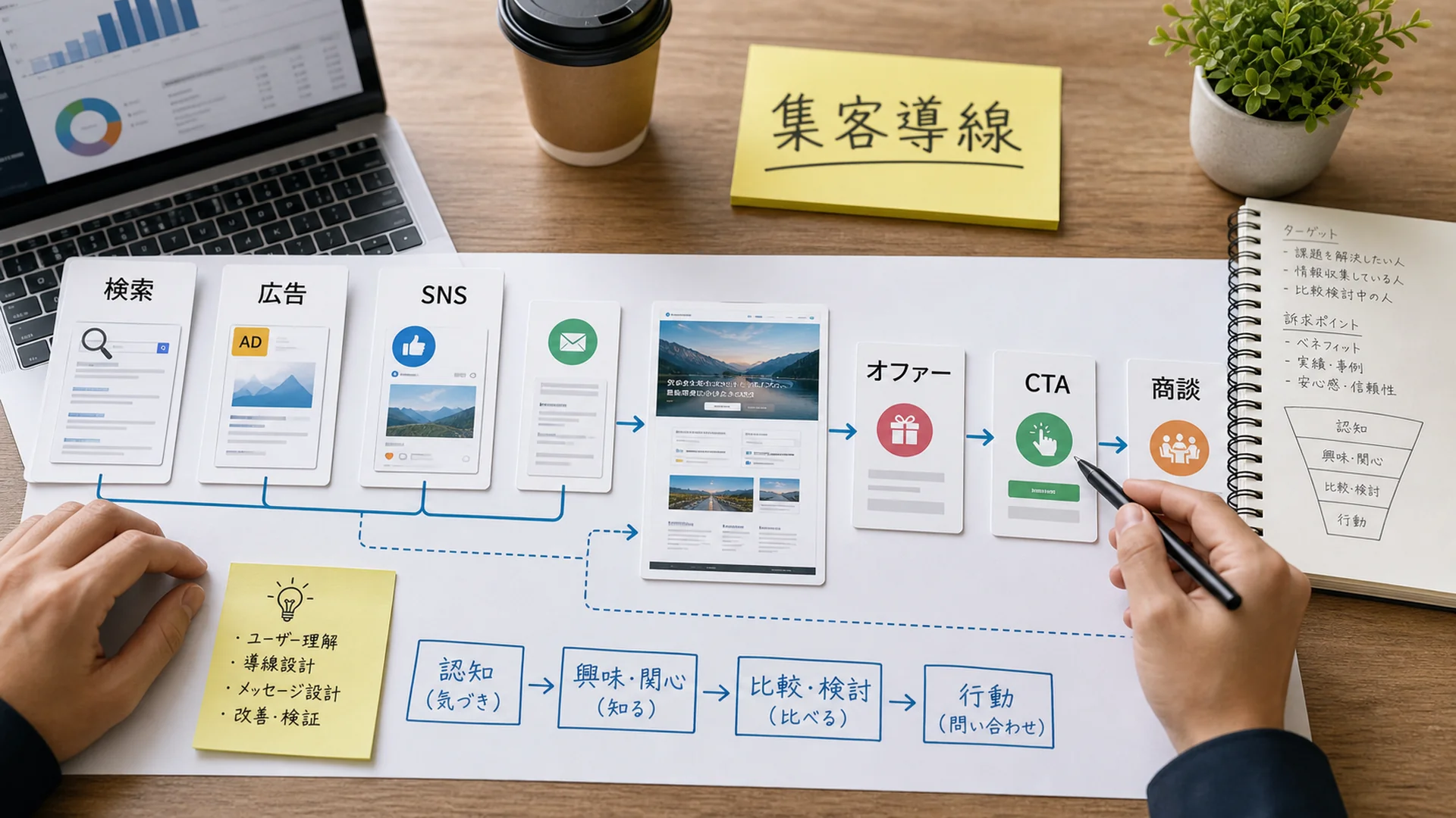 LP集客導線を広告、検索、SNS、CTA、分析へつなげる設計マップ