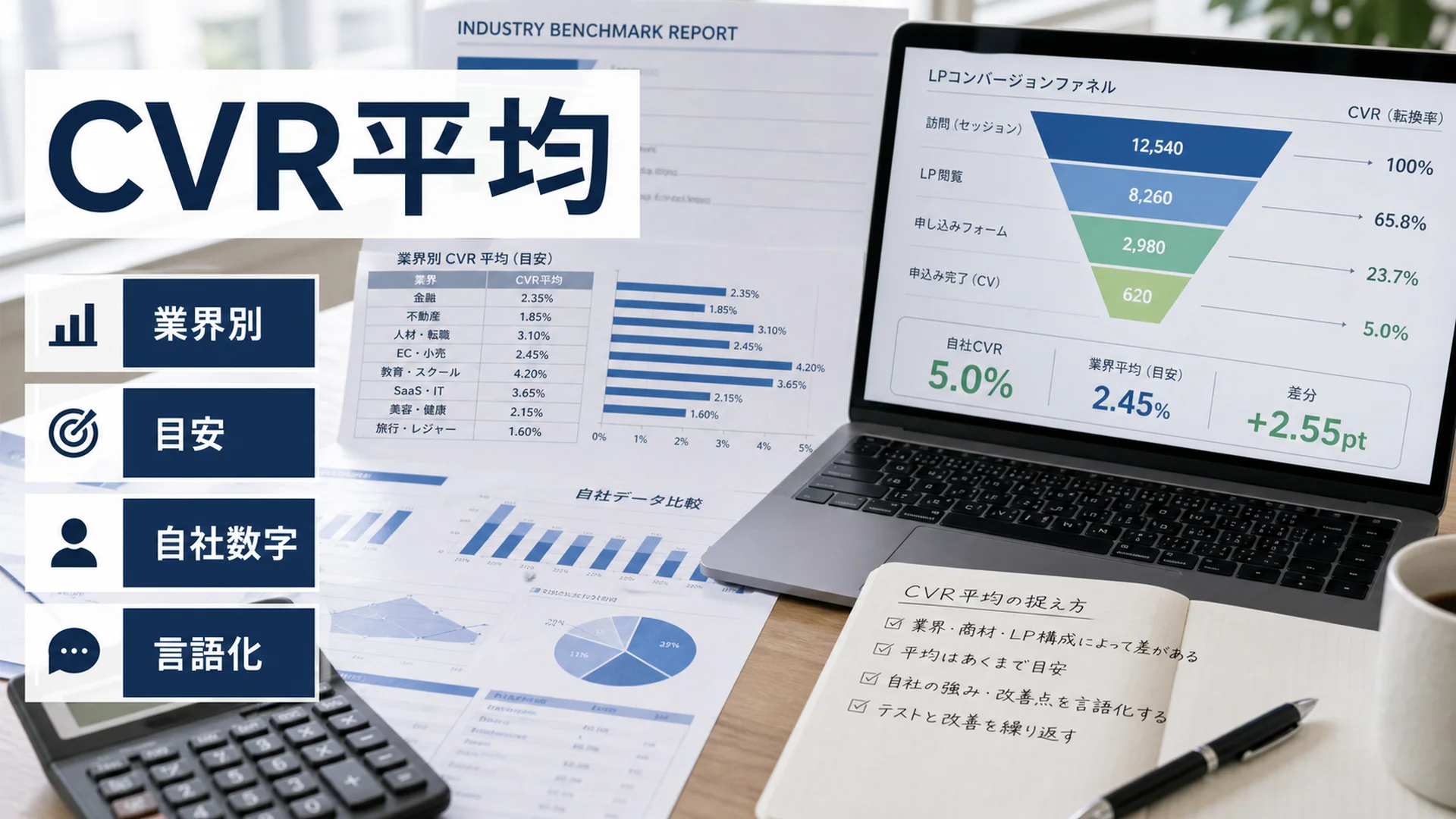 LPのCVR平均、業界別目安、自社数字を比較する分析資料