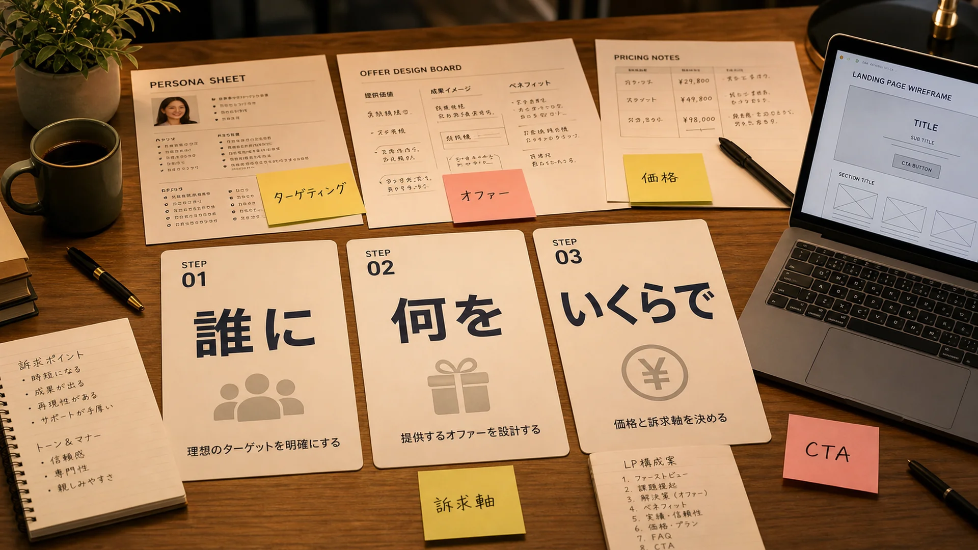 LPのオファーと訴求軸を誰に・何を・いくらでの順番で整理した資料