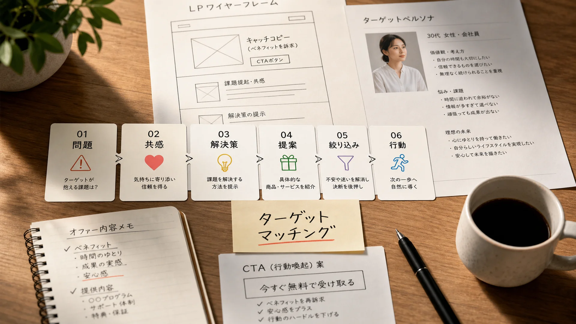 PASONAをLP構成に当てはめたワイヤーフレームとターゲット資料