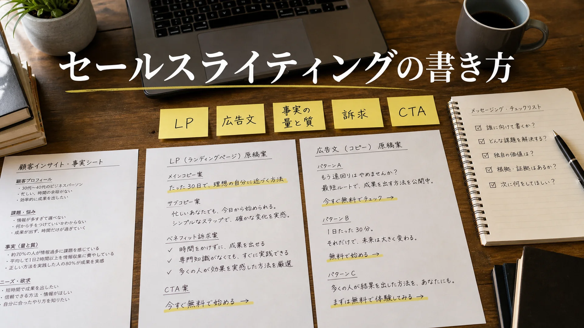 LP原稿と広告文原稿を並べてセールスライティングの書き方を整理したデスク